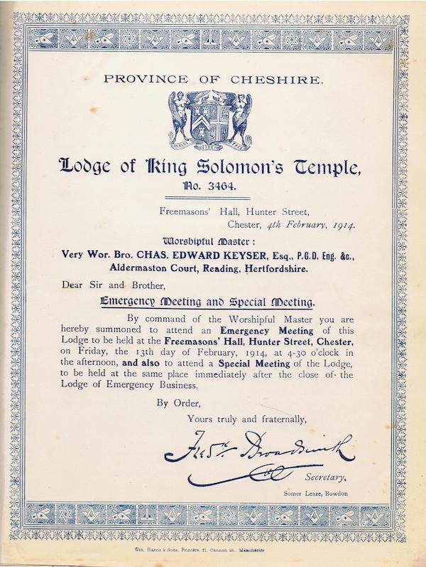Lodge Summons for 13 February 1914